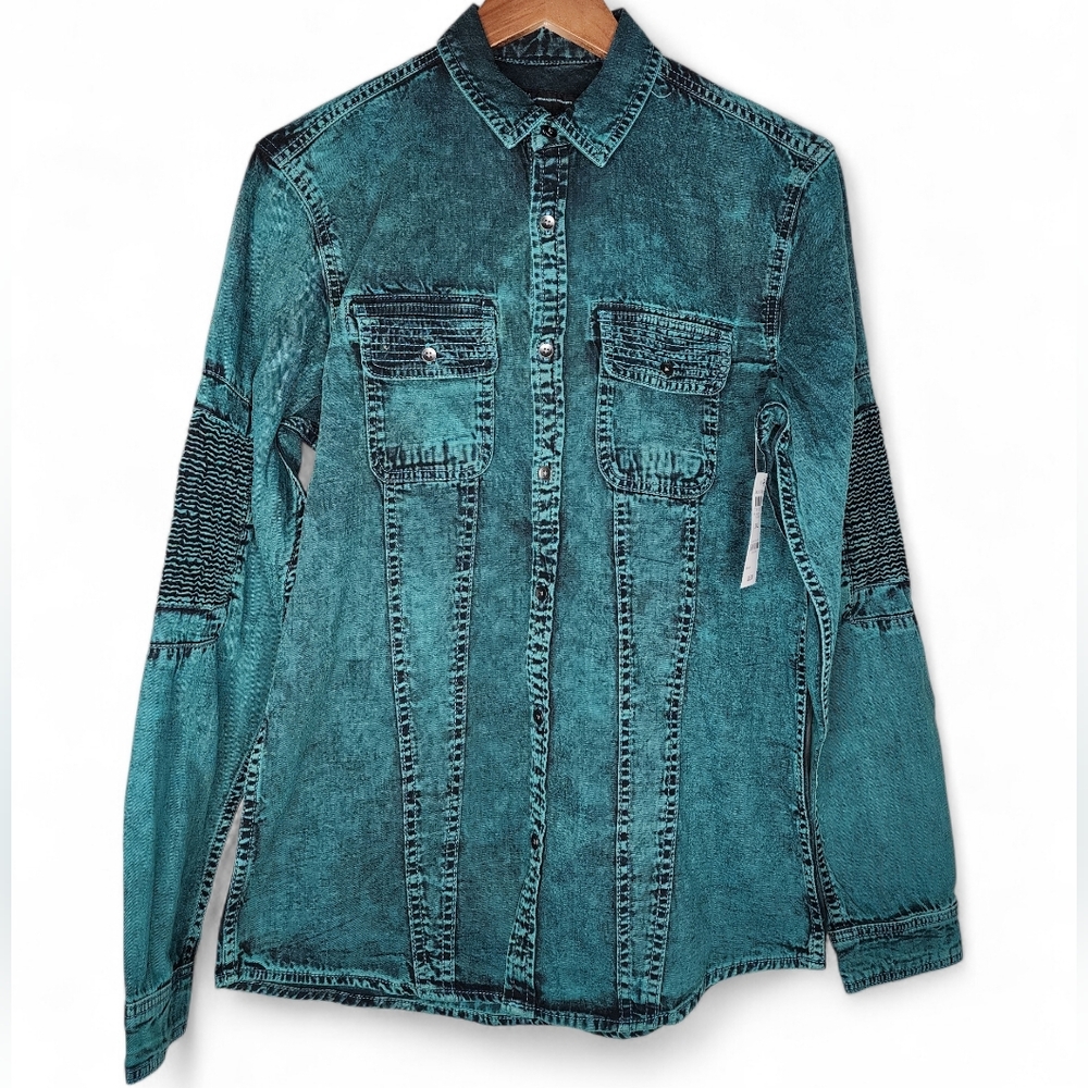 INC International Concepts Overdyed Long Sleeve Moto Shirt in Teal Oasis